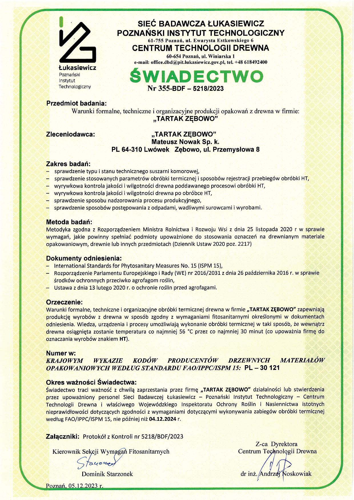 Certyfikat IPPC / ISPM 15
